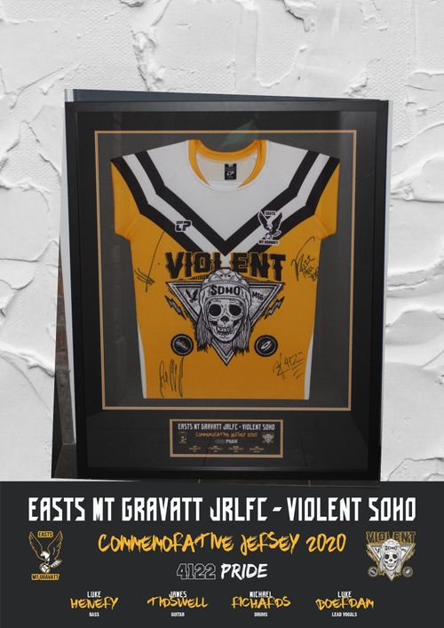 Framed and signed Easts Mt Gravatt JRLFC - Violent Soho Commemorative Jersey - Image 1