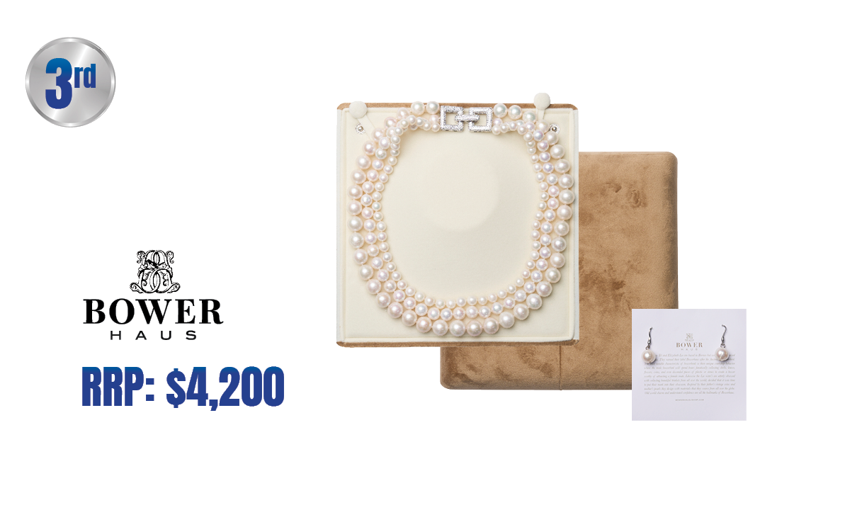Classic Bowerhaus Elegant Triple Strand White Round Pearl Necklace with Matching Earings - Hero image