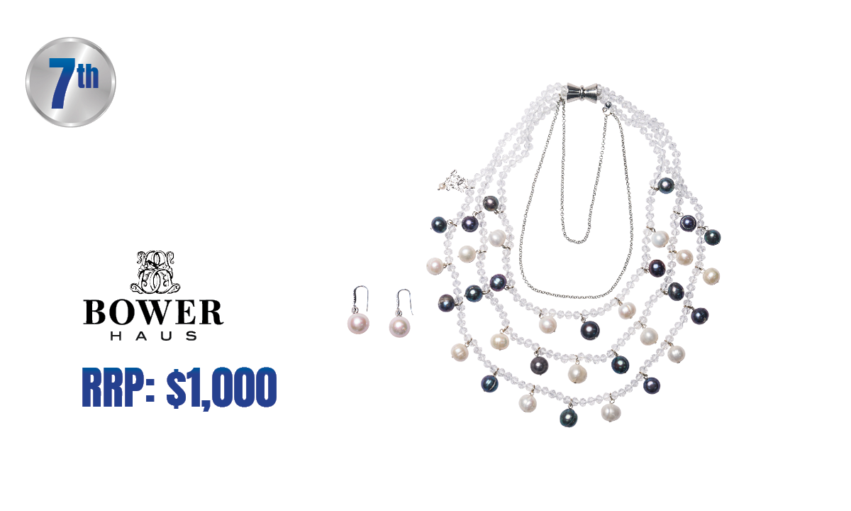 Bowerhaus Triple Strand Necklace Black and White Pearls and Crystals Plus Matching Earrings. - Hero image