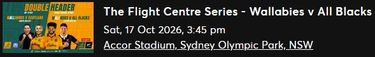 2 tickets for Wallabies V All Blacks 17 Oct - Accor Stadium - Hero Image