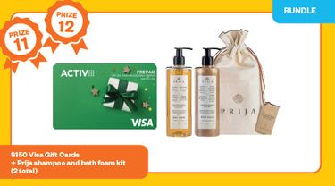 $150.00 Visa Gift Card and  Prija shampoo and bath foam kit - Hero Image