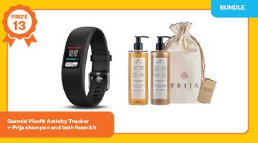 Garmin Vivofit 4 activity tracker and Prija shampoo and bath foam kit - Hero Image