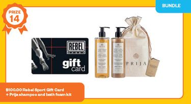 $100 Rebel Sport Gift Card and Prija shampoo and bath foam kit - Hero Image