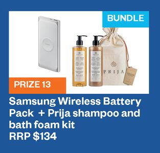 Samsung Wireless Battery Pack + Prija shampoo and bath foam kit - Hero Image