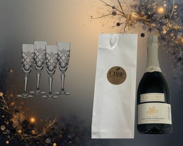 Stuart Crystal Champagne Glasses & a Bottle of Taylors Sparkling Pinot Chardonnay - Hero Image