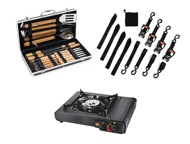 Ratchet Strap, Butane Stove, BBQ Set - Hero Image