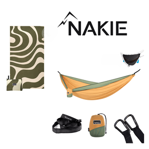 Nakie Golden Mango Hammock with Straps and Bug Net and Nakie Eucalyptus Green Sand Free Beach Towel - Hero Image